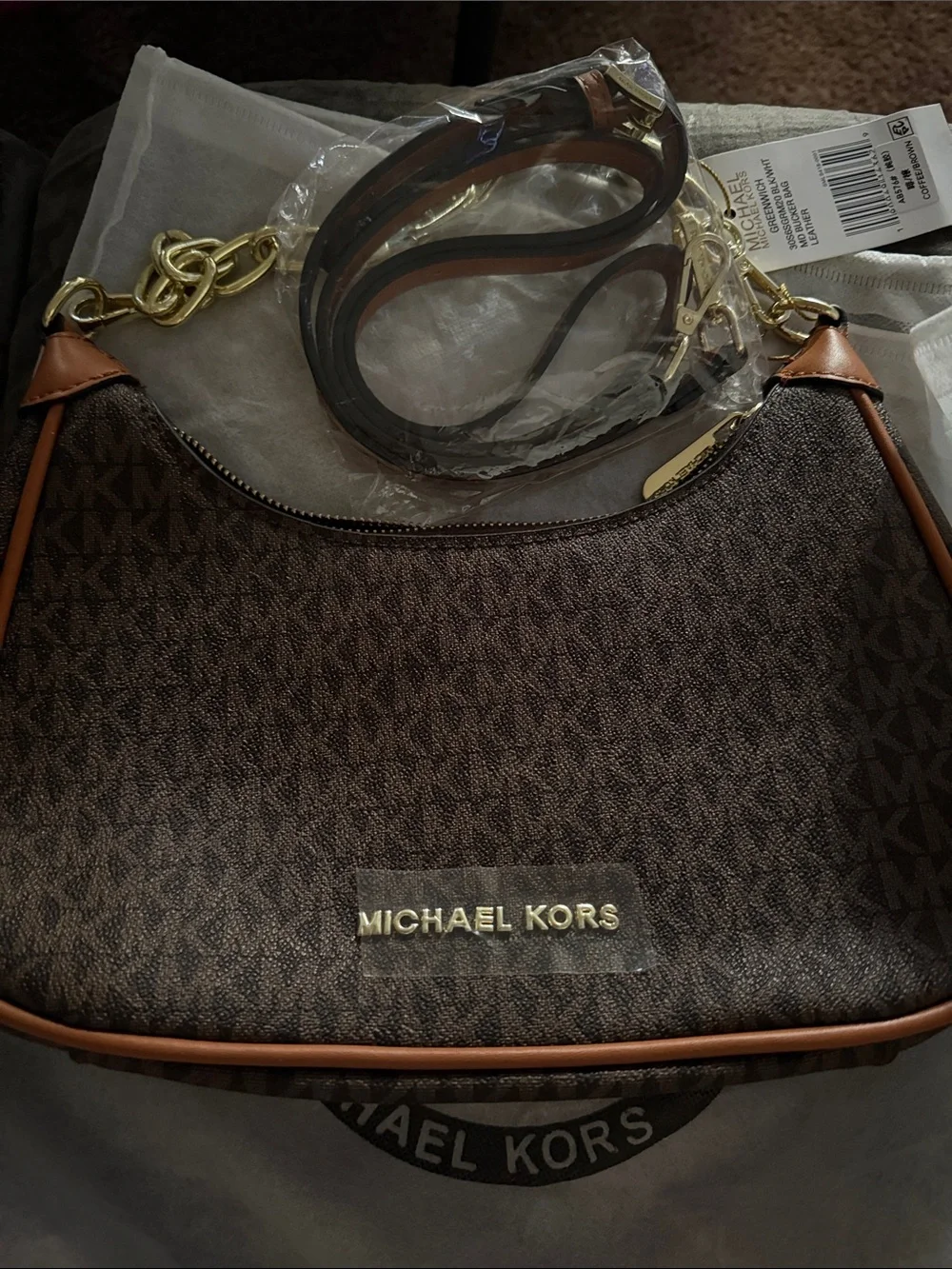 Michael Kors Brown Monogram Crescent Shoulder Bag with Tan Trim